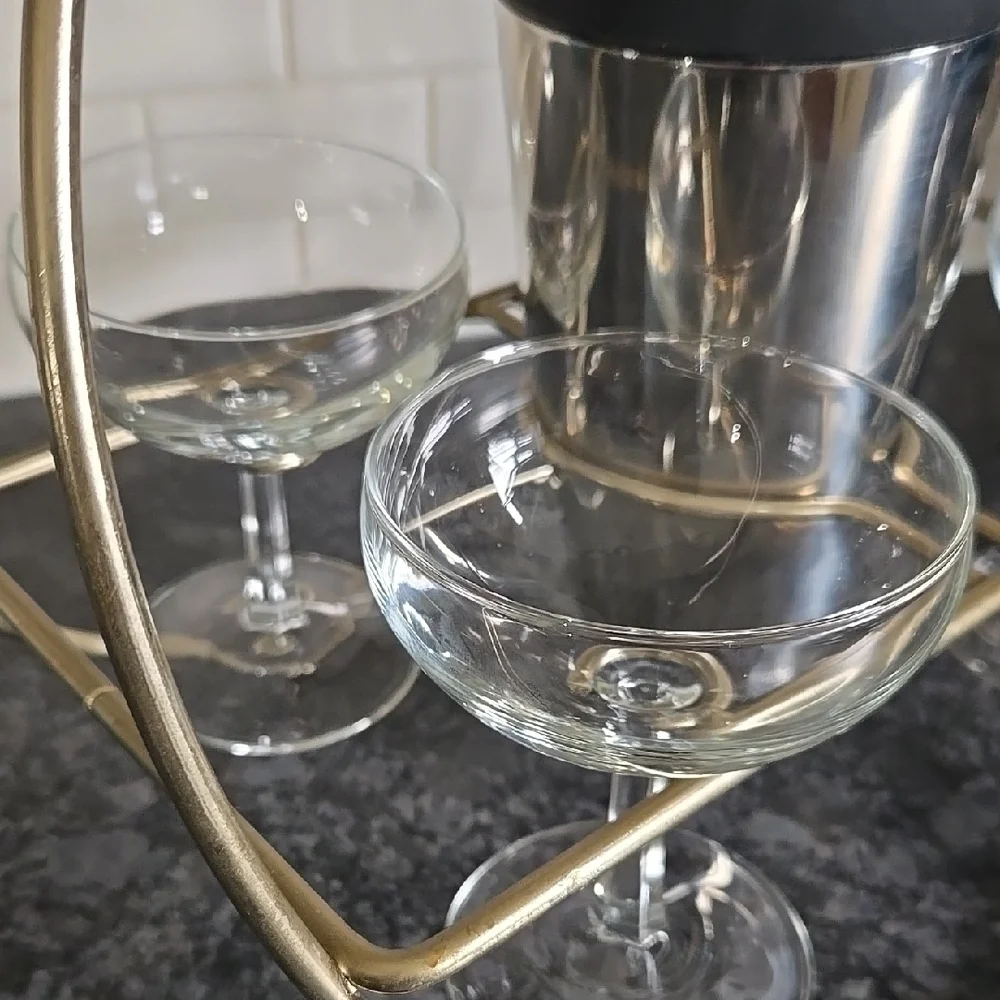 Vintage Brass Cocktail Carrier with Glasses and Shaker